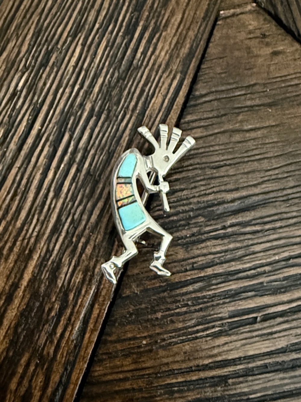 Sterling Silver Kokopelli Pin Turquoise & Opal Inlay Signed 1.5” Vintage